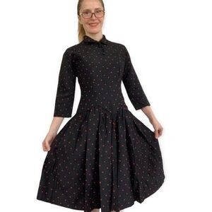 50s Polka Dot Black Dress Red Dots 34 26 S